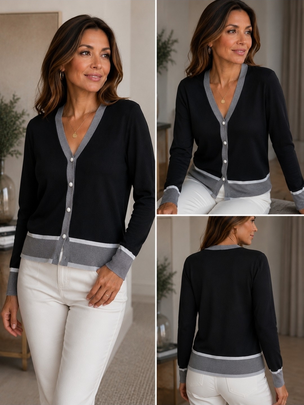 Grace Karin Black Cardigan with Gray Contrast Trim